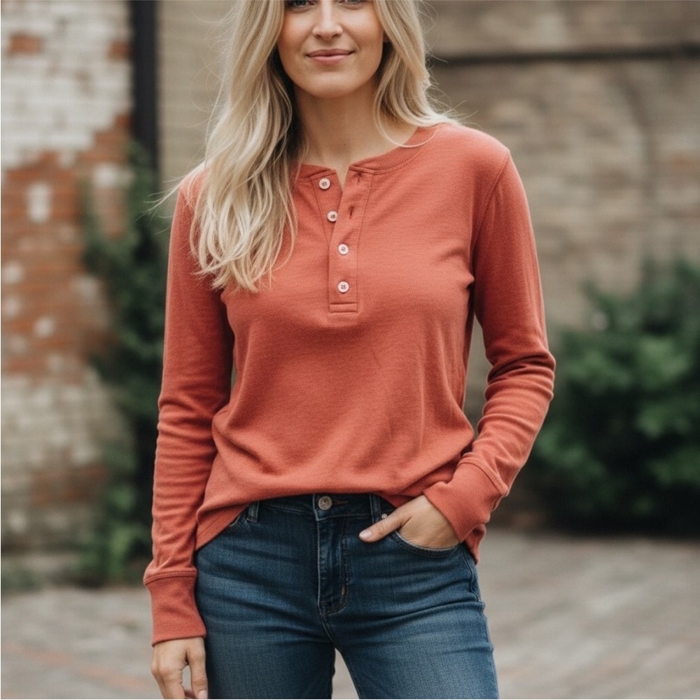 REI Farlands Henley Long Sleeve Button Cotton Top Rust